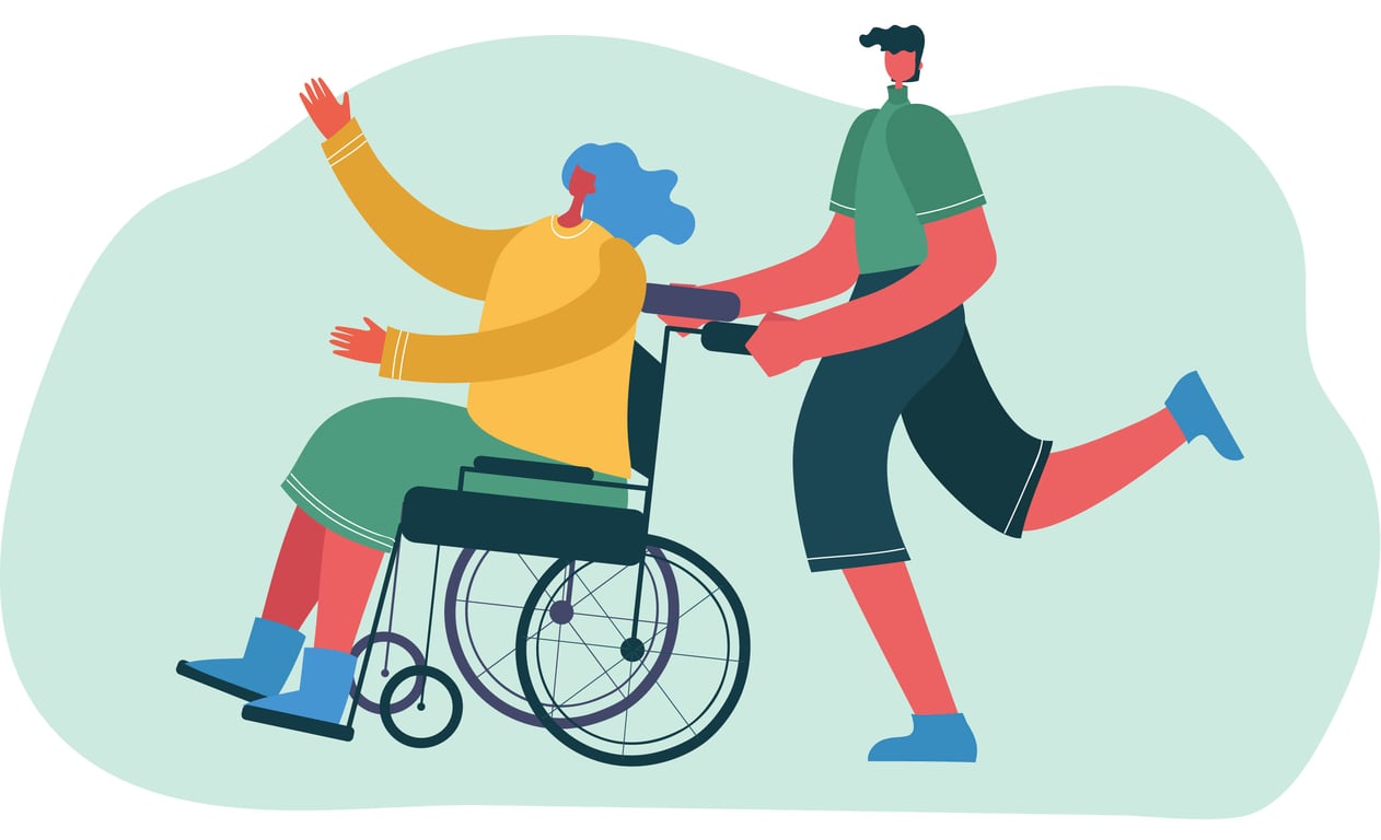 Representación gráfica de una persona usuaria de silla de ruedas guiada por un cuidador.