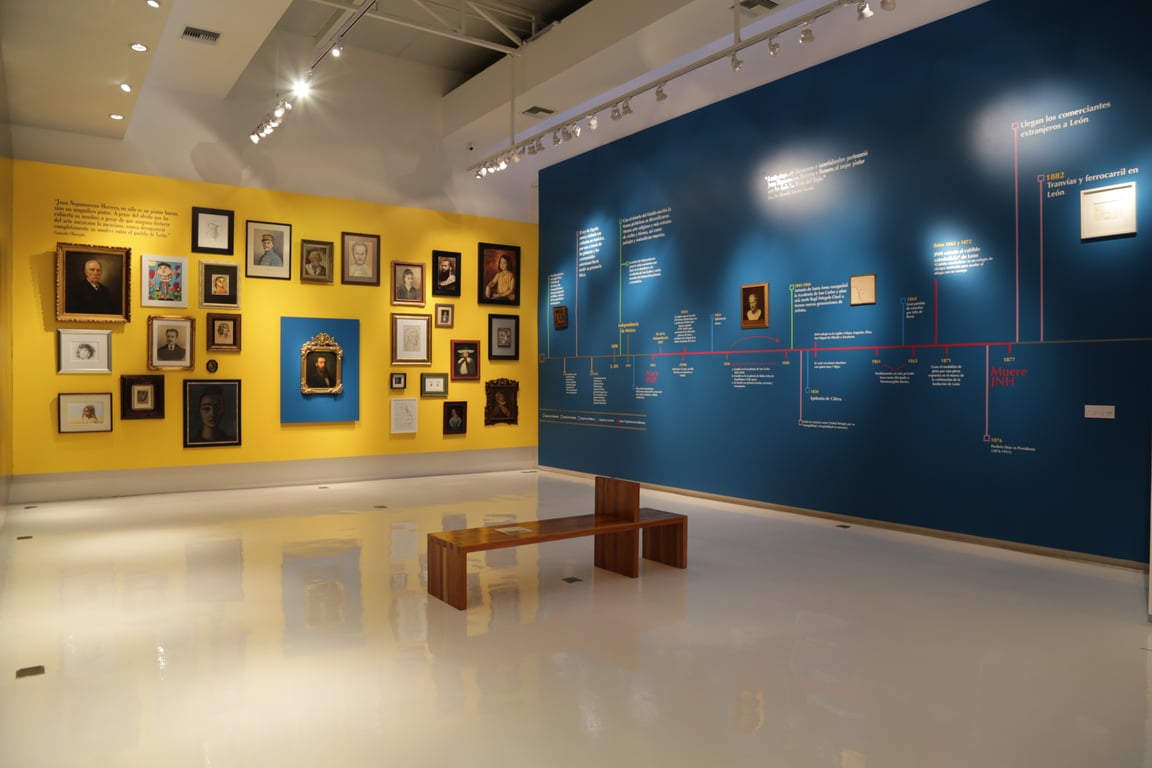 Museo con diversos cuadros colgados en dos paredes, al centro un banco de madera.
