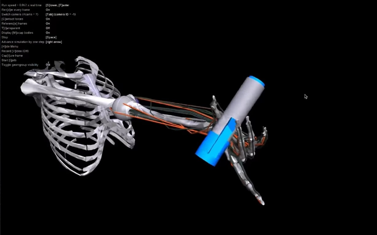 Esqueleto 3D sosteniendo un dispositivo cilíndrico en la mano derecha.