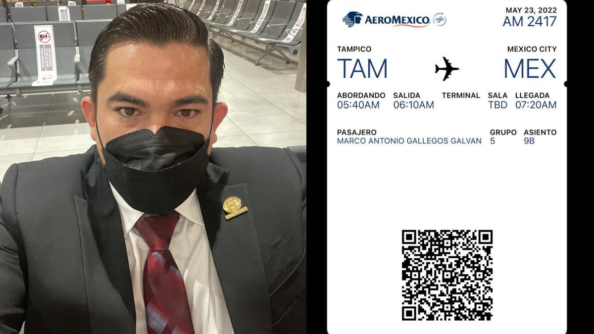 Marco Gallegos y su pase de abordar de Aeroméxico.