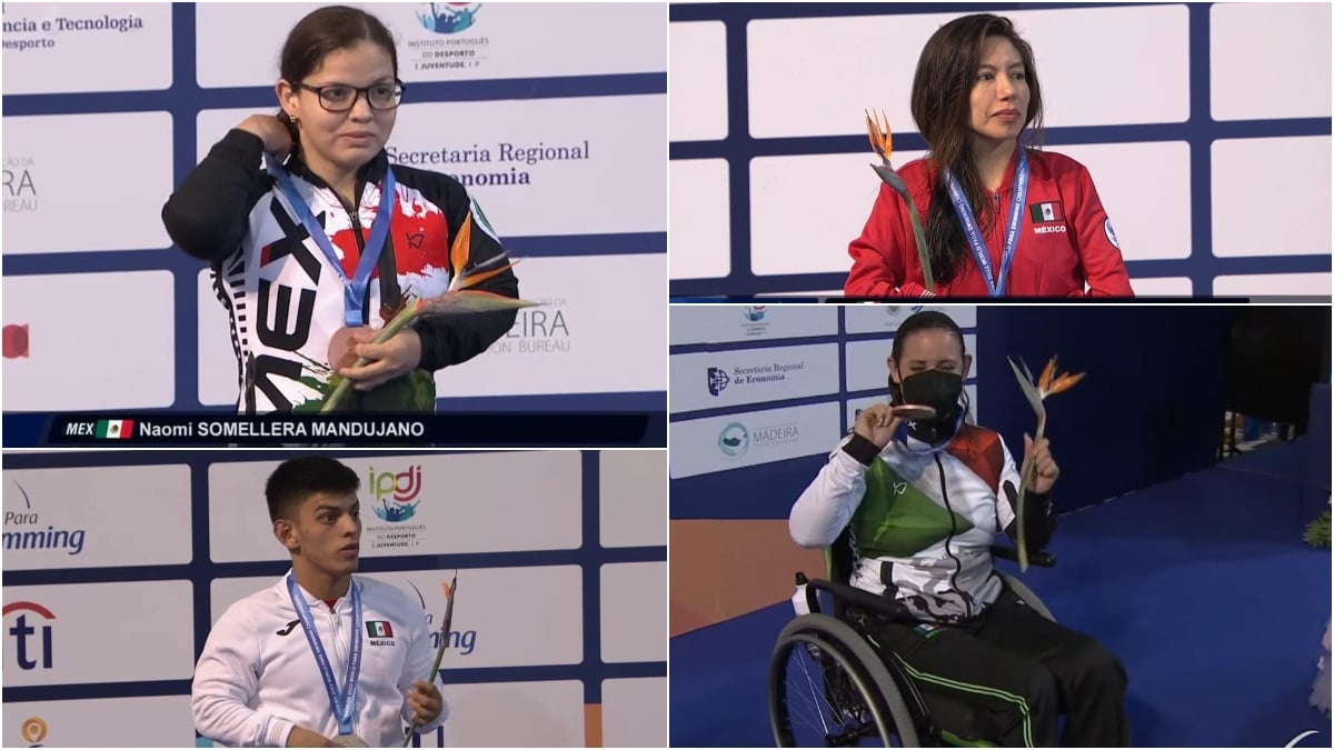 Nely Miranda, Fabiola Martínez, Naomi Somellera y Juan José Gutiérrez recibiendo sus medallas de bronce y plata.