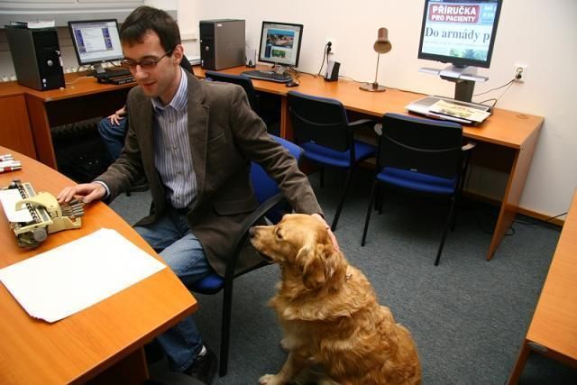 Persona ciega trabajando con un perro guía.