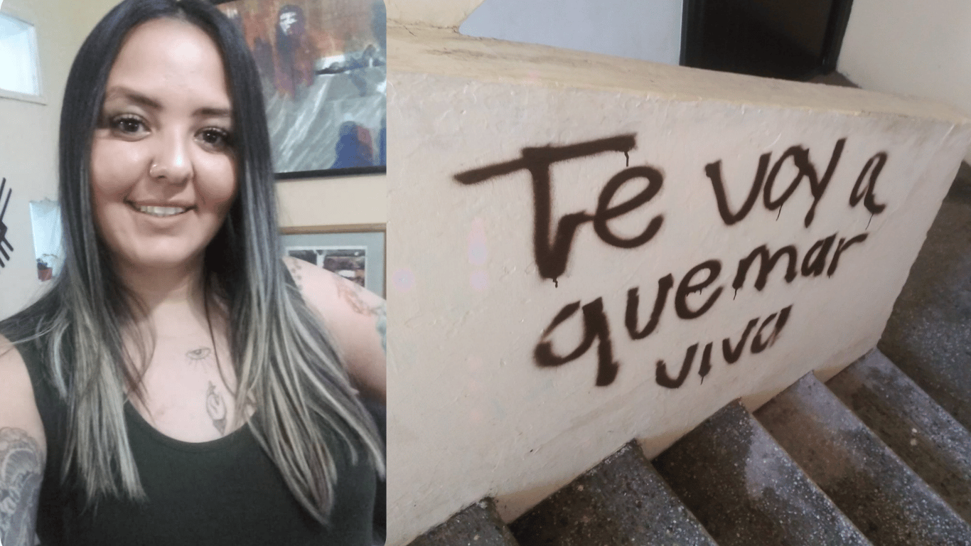 Collage de Luz Raquel Padilla y una fotografía del muero de su casa que dice "Te voy a quemar viva".