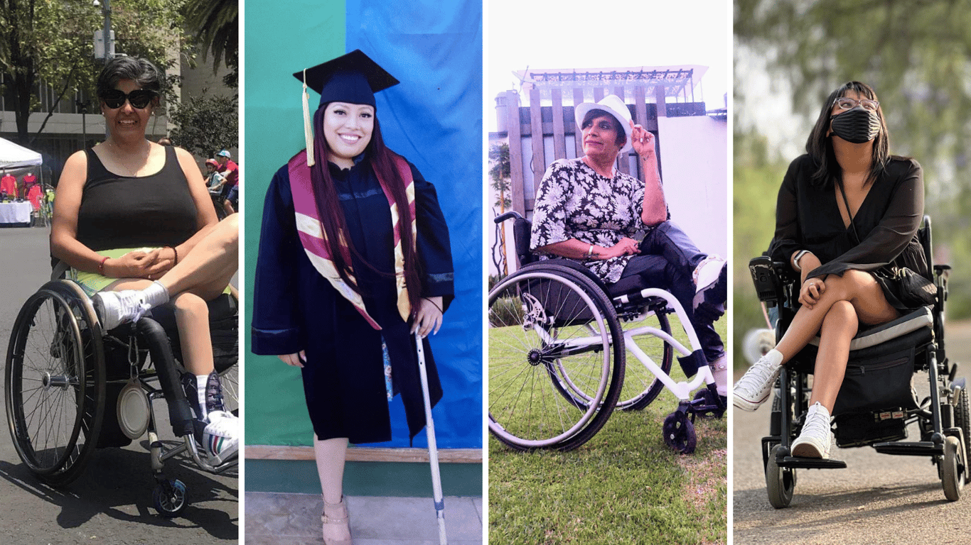 Collage con cuatro fotografías de mujeres mexicanas con discapacidad.