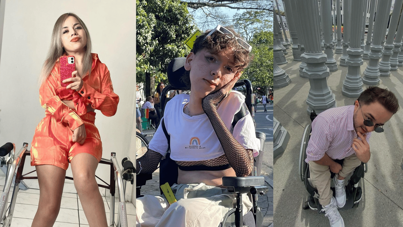 Collage de tres tiktokers con discapacidad motriz.