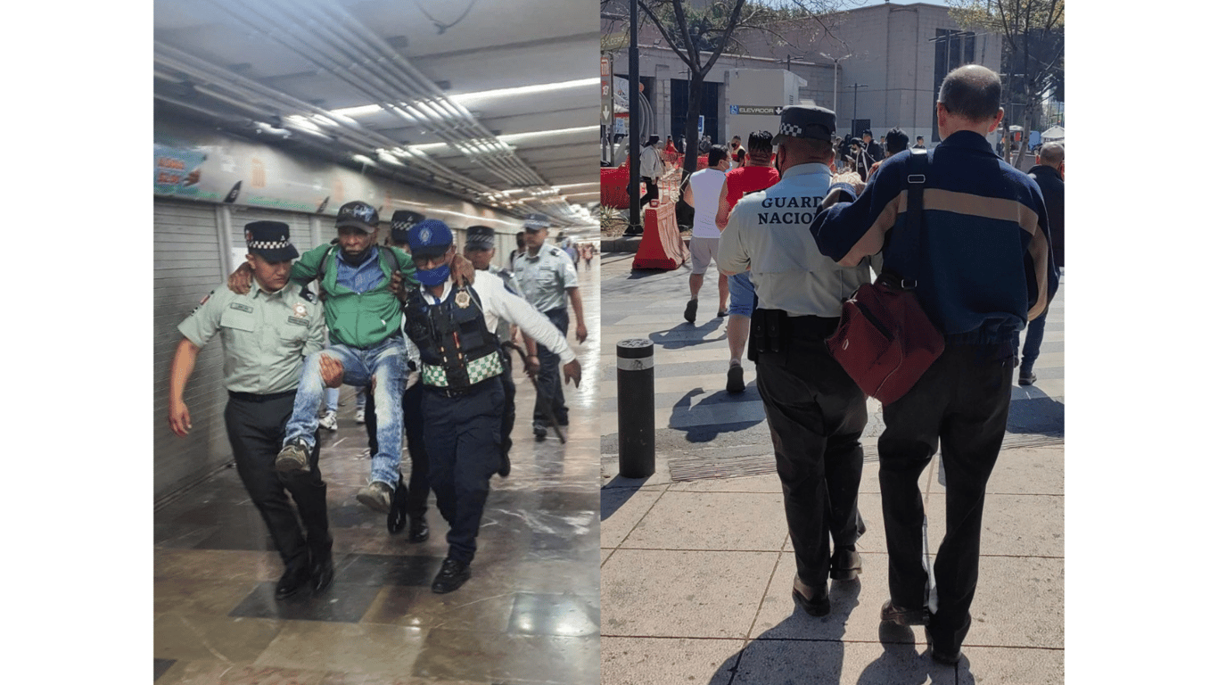 Agentes de la guardia nacional cargando a personas con discapacidad motriz y guiando a personas ciegas dentro de las instalaciones del metro de las CDMX.