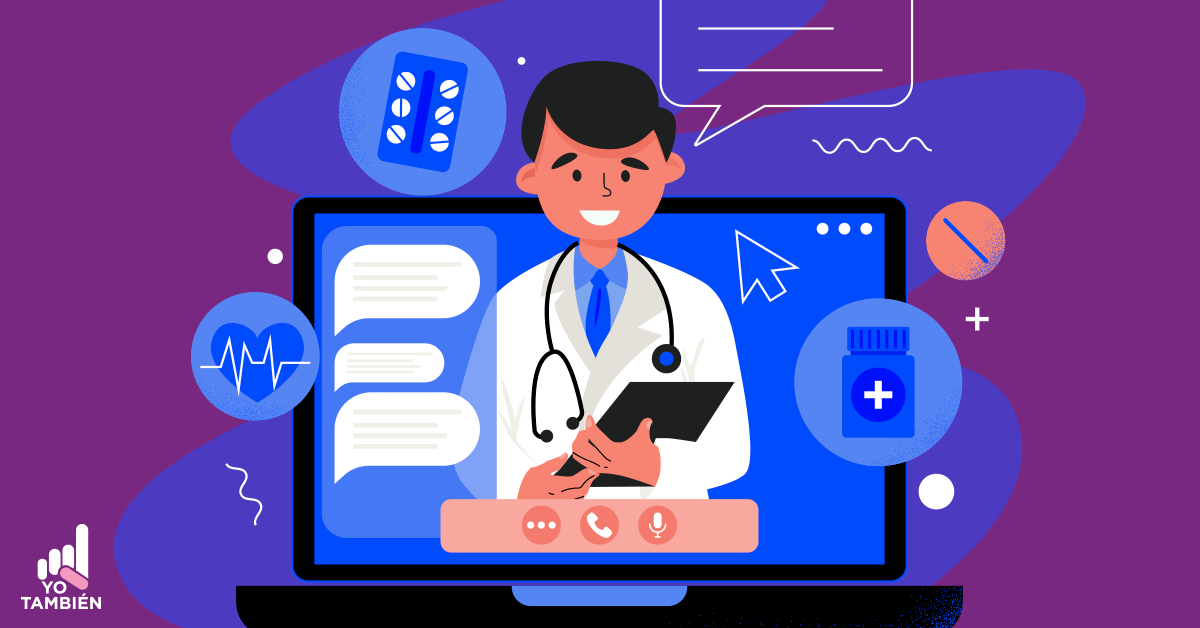 Dibujo de una computadora con un programa de llamadas activo donde está un doctor en la pantalla, junto a el dibujos de medicinas y un chat