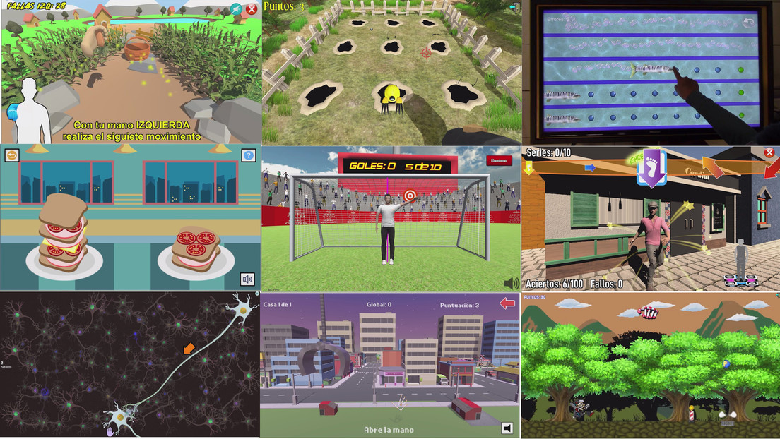 Captura de pantalla de nueve videojuegos desarrollados por el Laboratorio de Investigación y Desarrollo de Aplicaciones Interactivas para la Neurorehabilitación