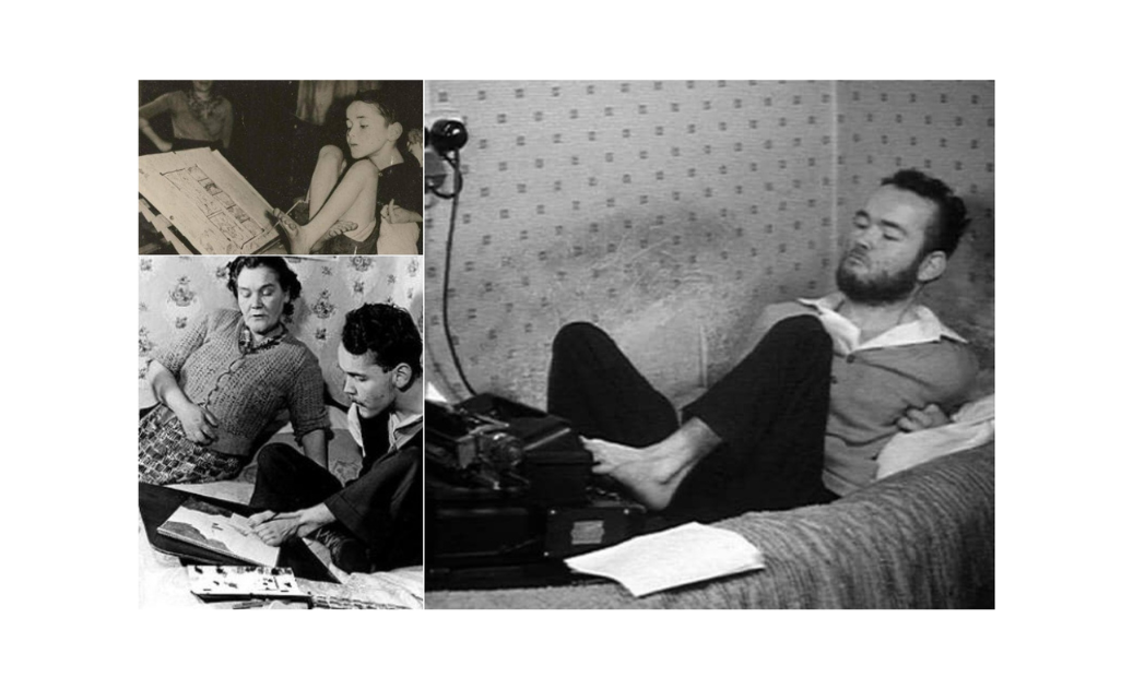 Collage de imágenes de Christy Brown de niño, adulto y joven, escribiendo y pintando con su pie izquierdo