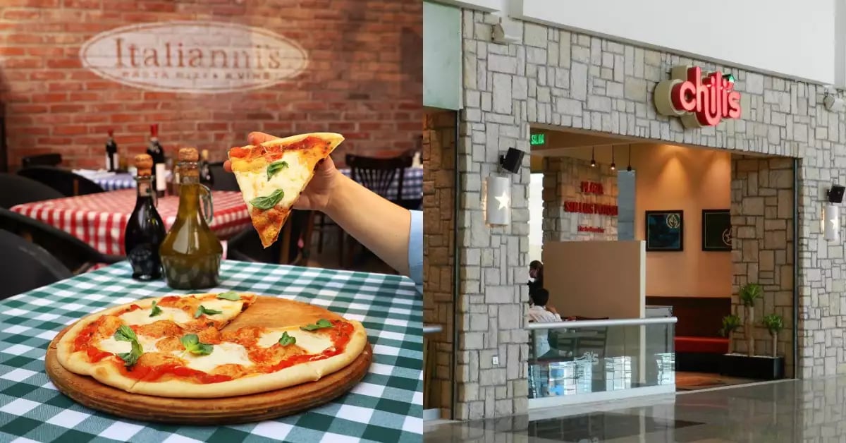 Collage mostrando una pizza de Italianni's y la fachada de un restaurante Chili's.