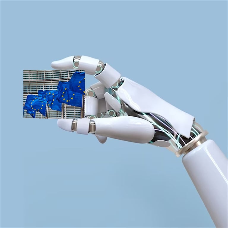Una mano robotica sosteniendo entre sus dedos unas banderas de la Unión Europea