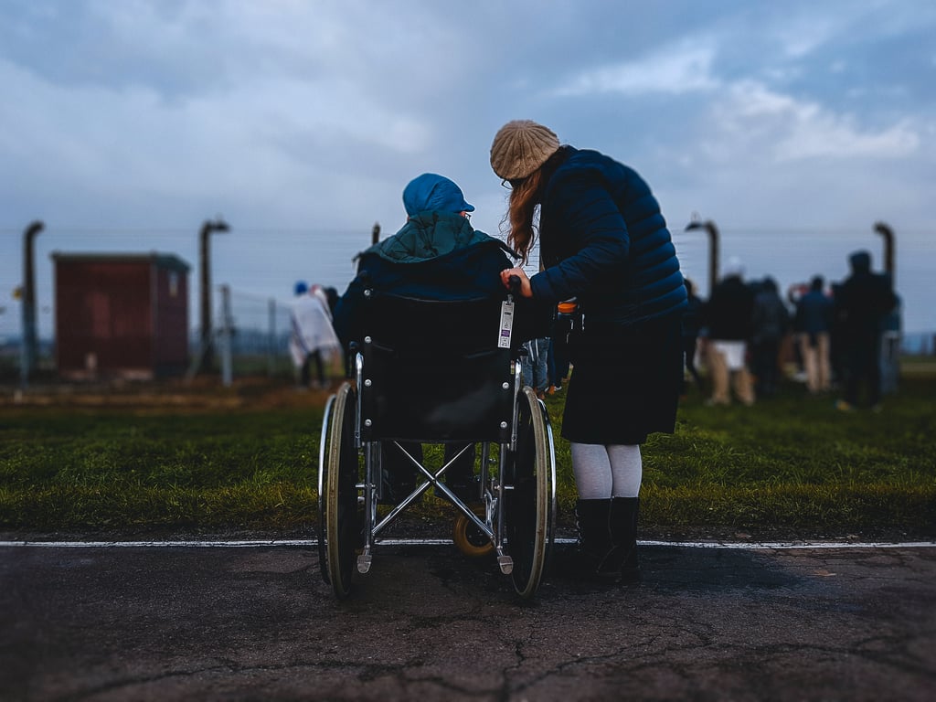 Una persona en silla de ruedas junto a otra persona de pie junto a él frente a un parque