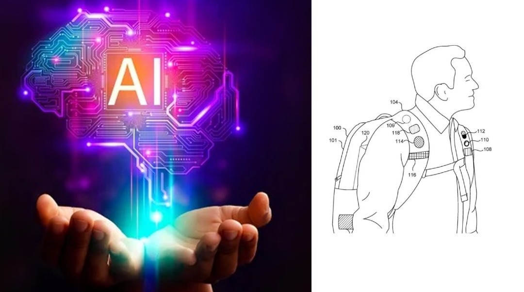 Collage: Imagen de una simulación IA a la izquierda y a la derecha un screen del prototipo de mochila de Microsfot