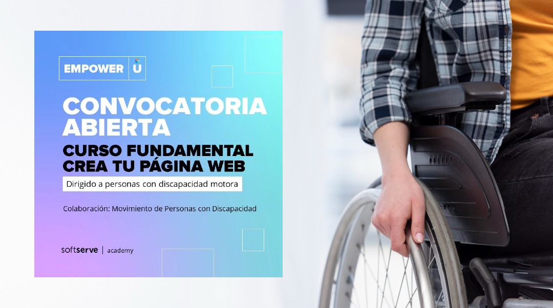 Foto de la convocatoria; Curso fundamental para crear tu página web y a la derecha una persona con discapacidad motriz