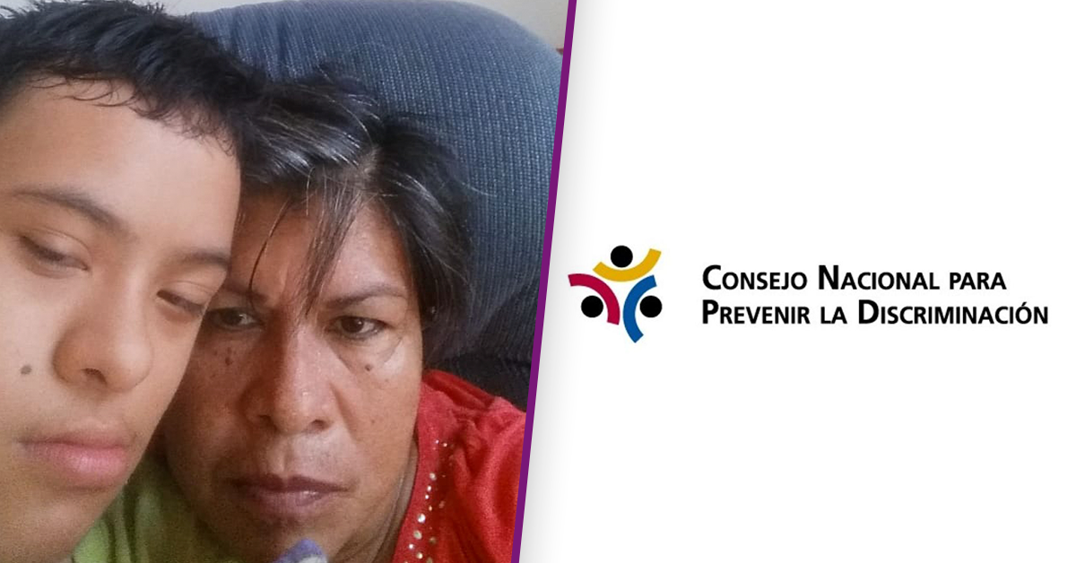 Fotografía de los rostros de una mujer y su hijo con síndrome de down más el logo de conapred