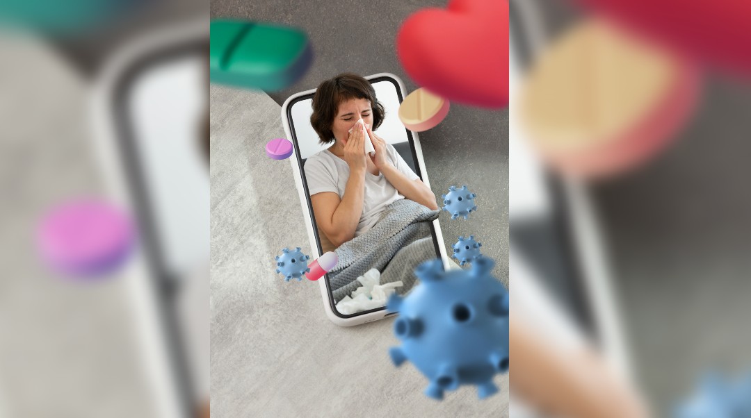 Fotoarte de una mujer estornudando, dentro de un celular junto a pastillas y una simulación de un virus
