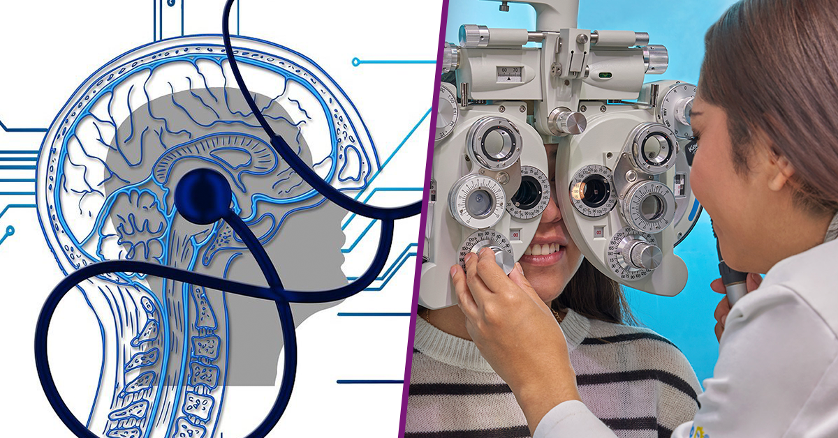 Dibujo de un cerebro y estetoscopio. Fotografía de una doctora de espaldas haciendo un examen de la vista a una mujer.