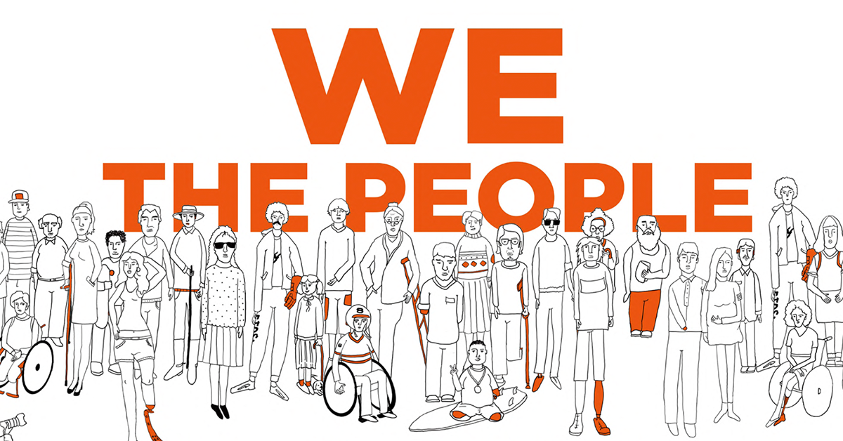 Dibujo en blanco y negro de veintisiete personas con diferentes discapacidades, todos viendo al frente con un texto en ingles detrás de ellos que dice en español, "nosotros las personas".