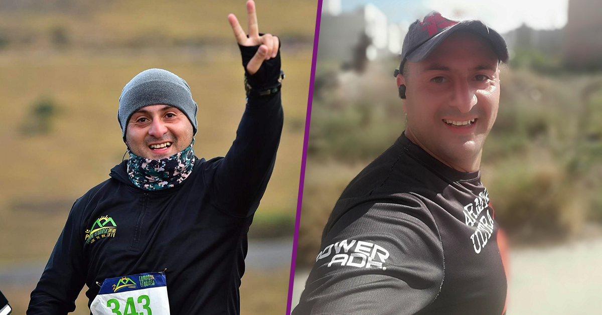 Dos fotografías de José Mariano, en la primera está vestido de negro con un gorro color gris y su brazo izquierdo levantado, viendo hacia la cámara, en la segunda fotografía esta sonriendo y ve directamente a la cámara, tiene puesta una playera para hacer ejercicio y una gorra color gris.