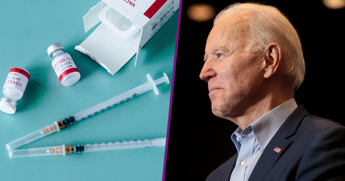 Fotografía de un par de jeringas junto a la caja de la vacuna contra el virus Covid-19, están recargadas sobre una mesa color azul. Fotografía de perfil de Joe Biden sonriendo.