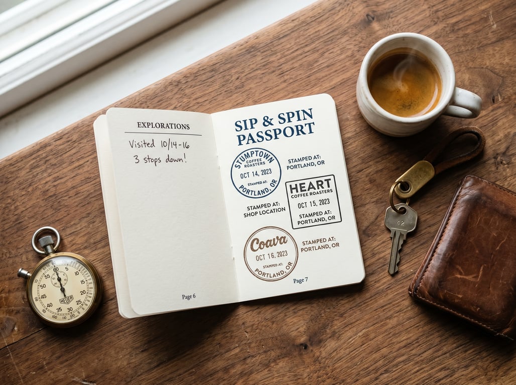 Sip & Spin Passport booklet flat-lay with espresso