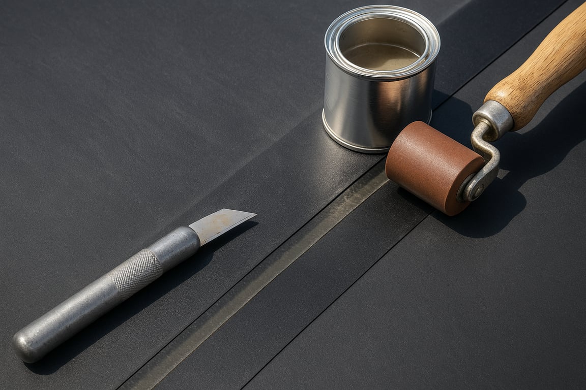 EPDM roofing installation tools including seam roller and adhesive