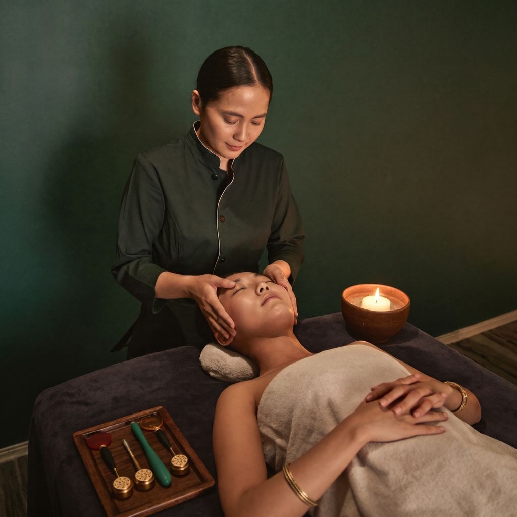Practitioner performing Royal Meridian Head, Ear and Neck Therapy