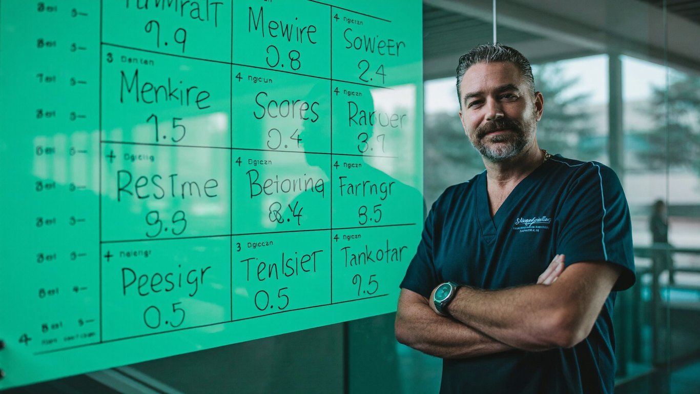 Executive coach reviewing a hand-drawn 12-box behavioral trust scorecard with 1-5 ratings on a glass wall, illustrating how to measure trust