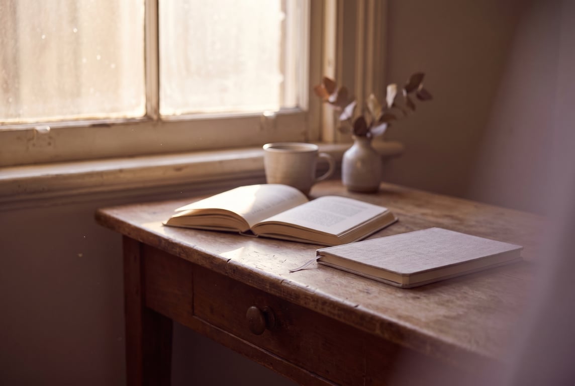 Morning light falling on an open book and notebook on a wooden desk
