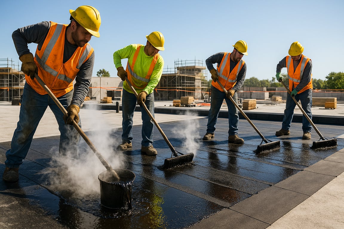 Roofing crew applying hot asphalt with mops and buckets