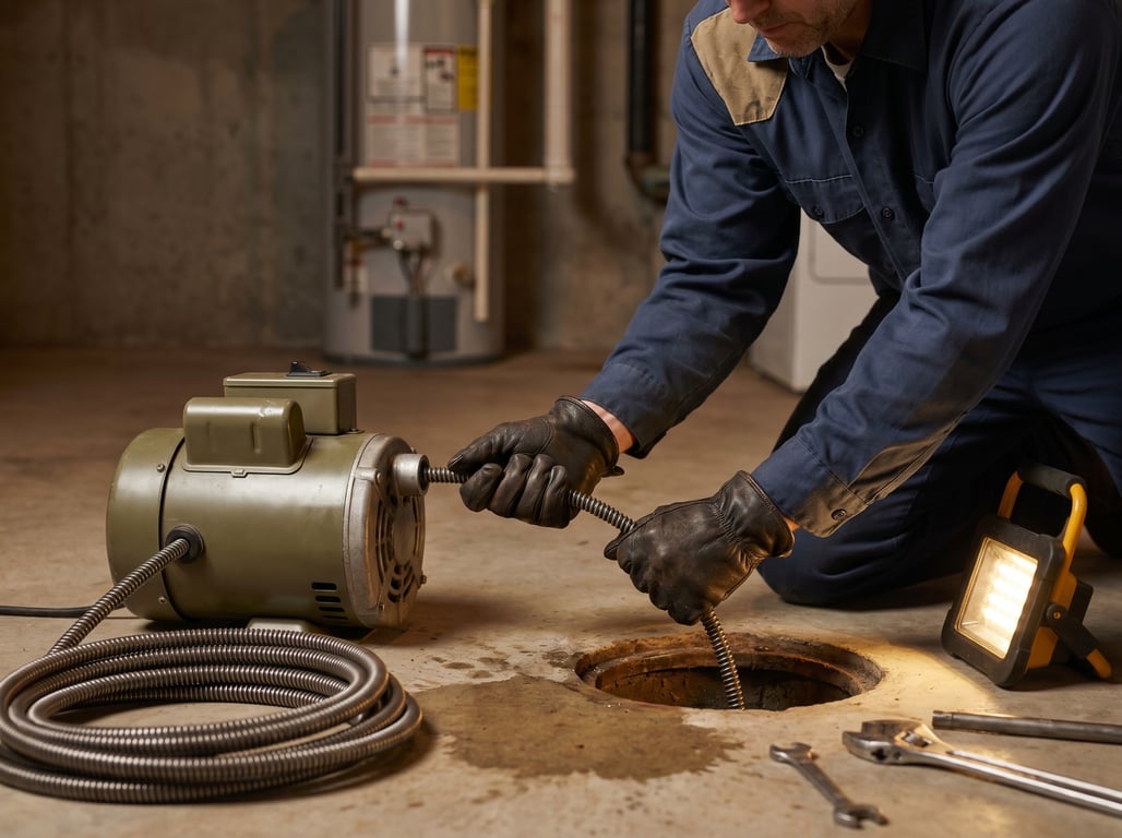 A plumber running an in-pipe cleaning and rehabilitation machine at a residential drain cleanout