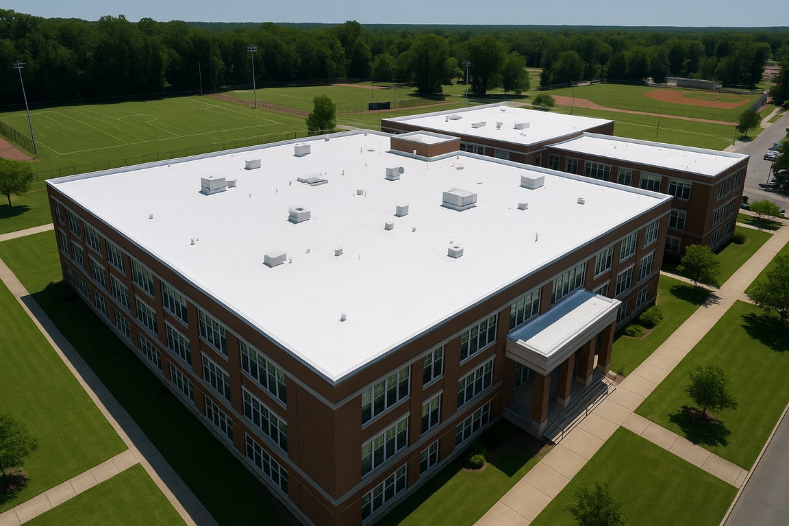 School building with white TPO roof and athletic fields