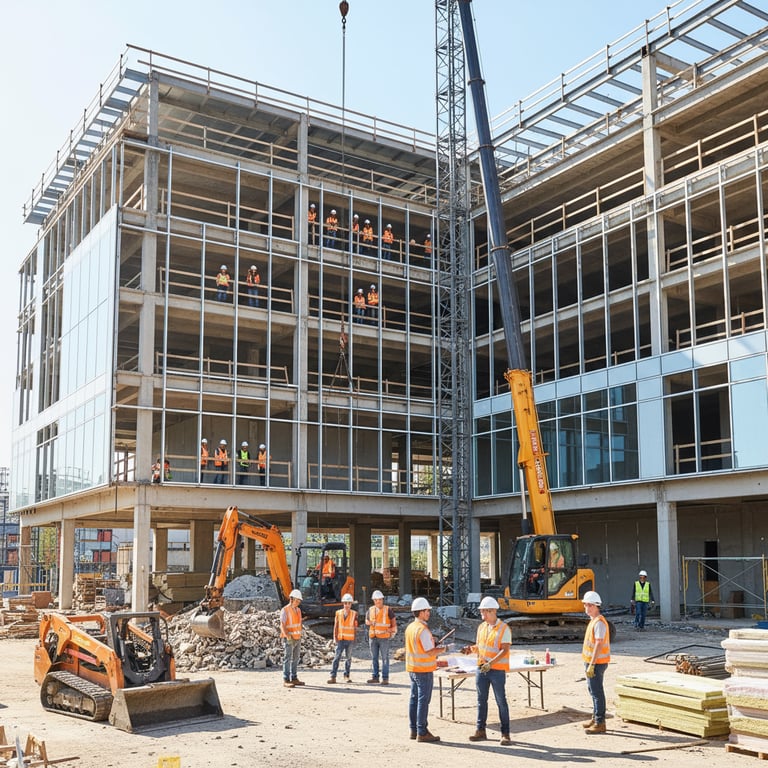 Commercial building under construction with steel frame and workers
