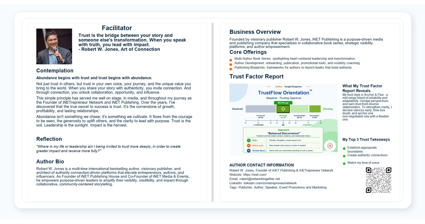 Sample contributor 2-page spread — trust perspective page and business page with TrustFlow Orientation report