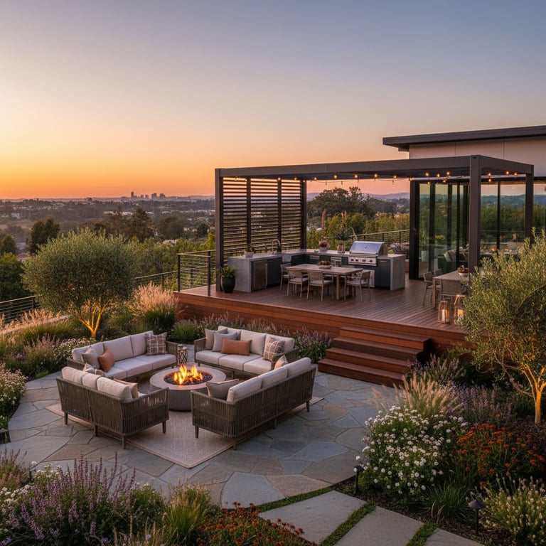 Modern outdoor living space with flat roof structure