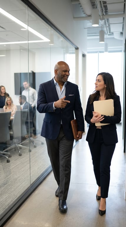 Jeff Morris walking with executive in modern office