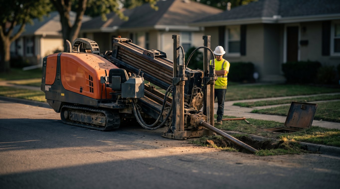 A compact horizontal directional drilling rig boring a new underground line on a residential street