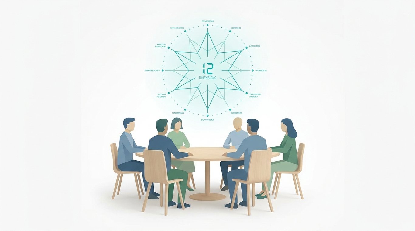 Editorial illustration of a six-person team around a table with a floating teal 12-segment radial chart scoring their trust assessment results