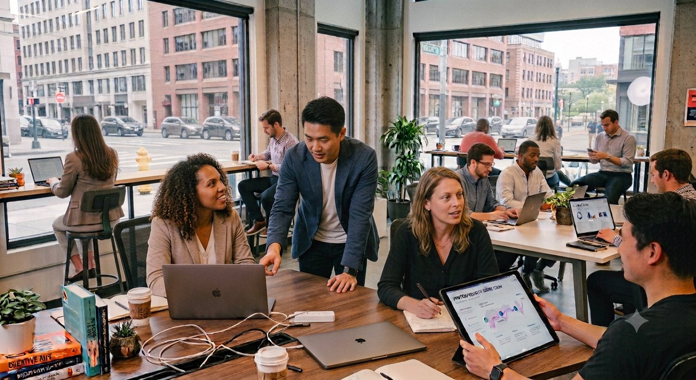 A small venture team at work around a shared table in an open office