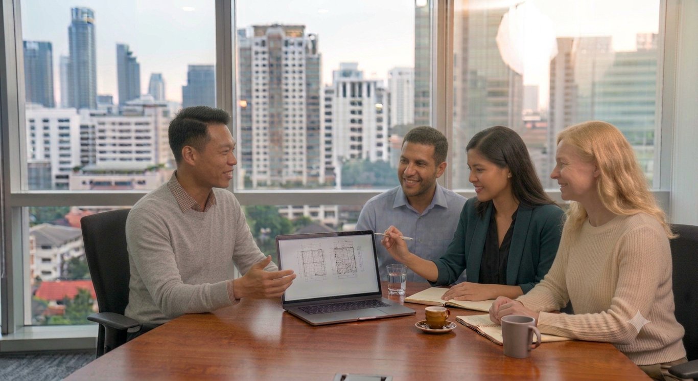 A partner presenting to colleagues in a boardroom overlooking the city