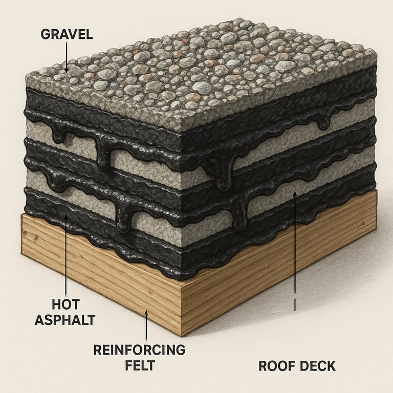 Hot asphalt roofing system layers with gravel surfacing diagram