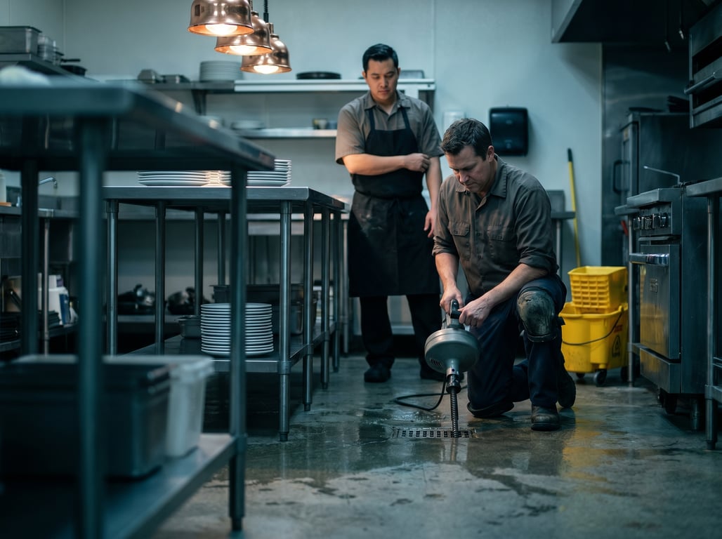 Smelly Mel's plumber working in a commercial restaurant kitchen in the San Francisco Bay Area