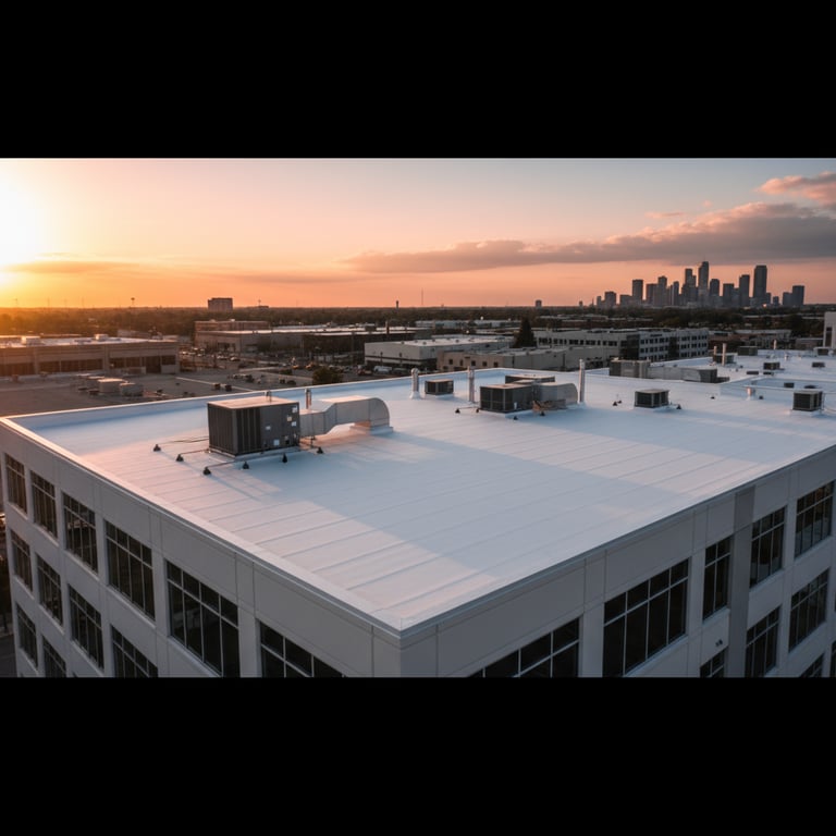 Completed white TPO roof on urban commercial building at sunset
