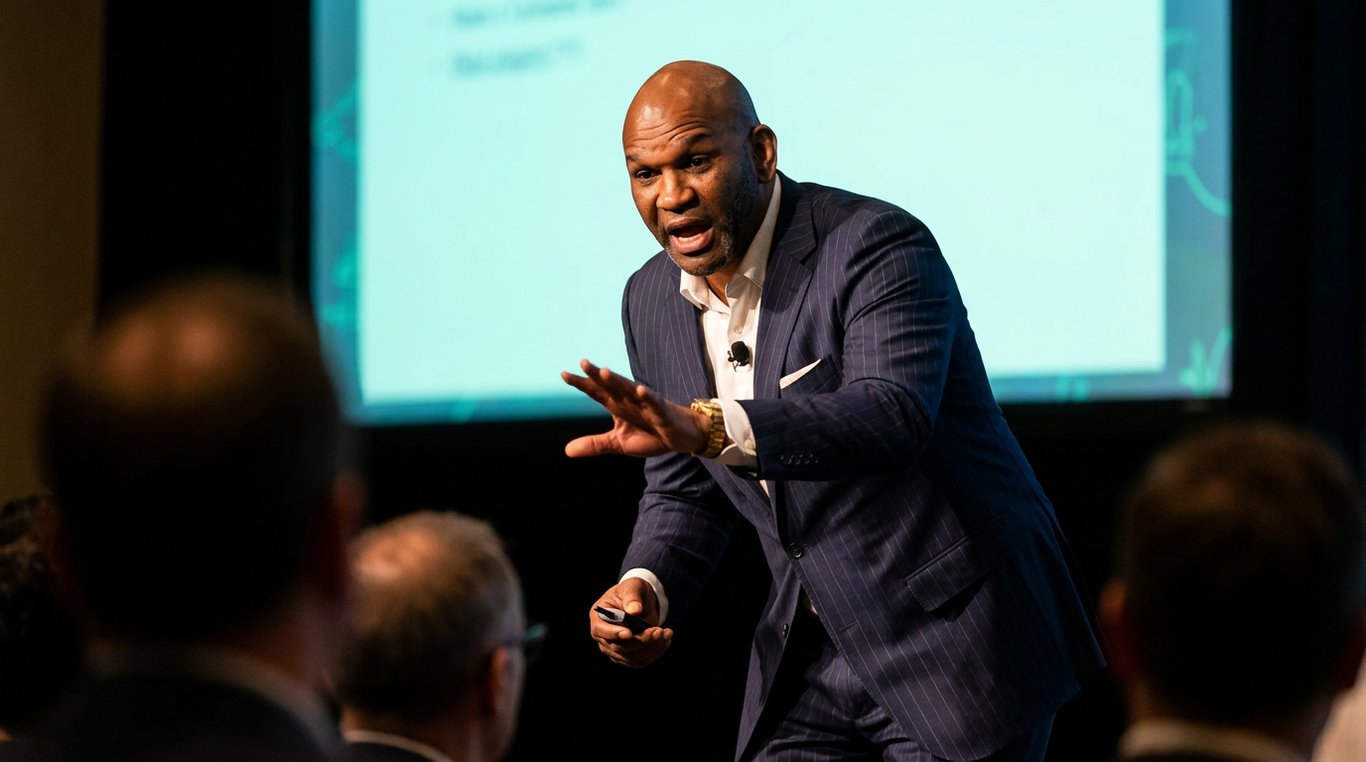 Jeff Morris delivering keynote speech on stage