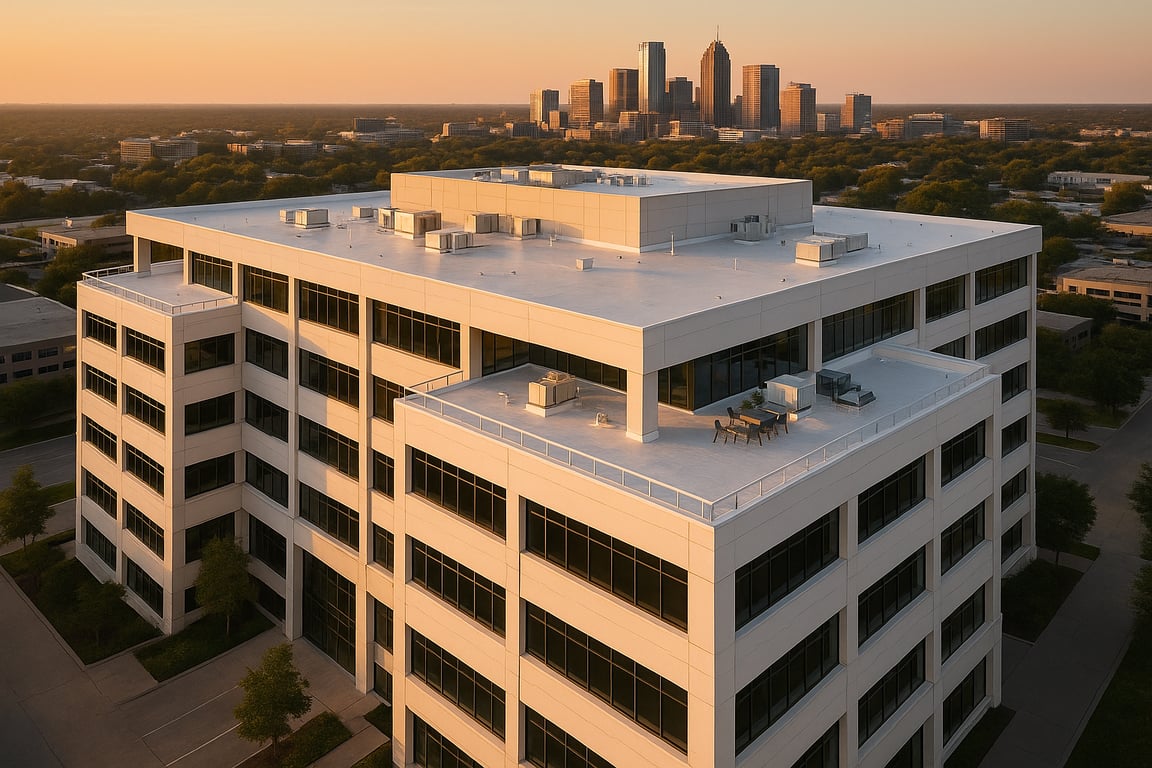 Multi-story office building with TPO roof and city skyline