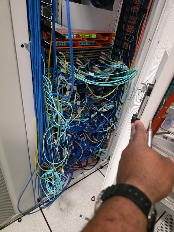 Technician performing professional network cable installation