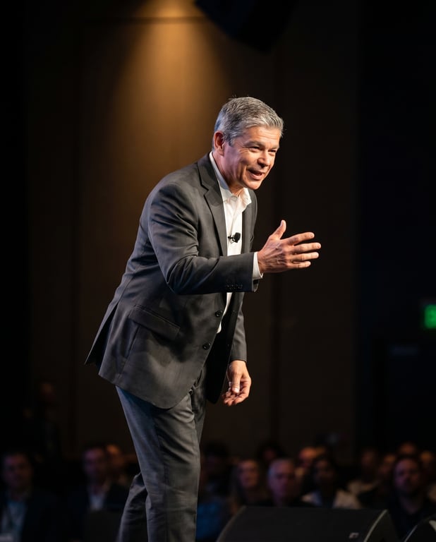 Robert W. Jones mid-keynote on stage, gesturing to the room