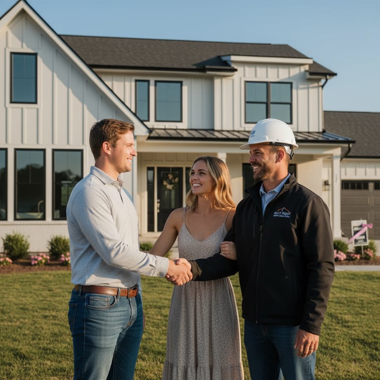 Roofing contractor meeting with homeowners about roof installation