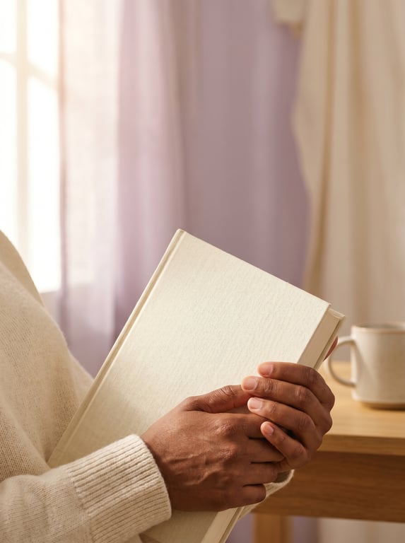 A woman holding her freshly printed hardcover book to her chest in warm morning light