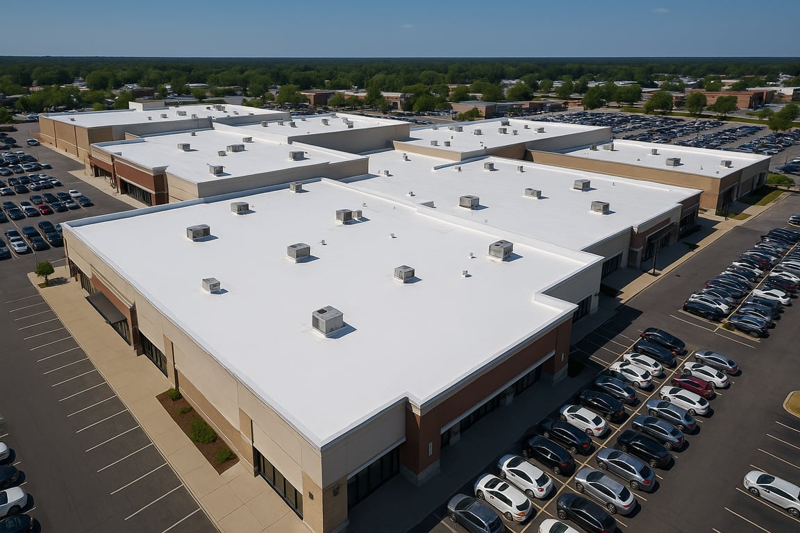 Aerial view of shopping center with white TPO roof